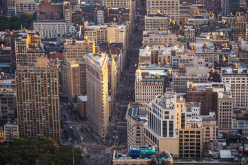 Aerial view of Manhattan including architectural landmark Flatiron Building in New York City,...