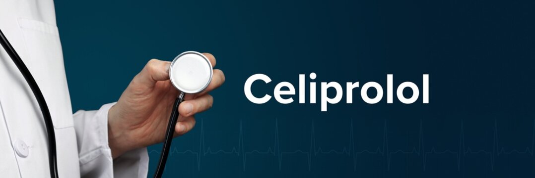 Celiprolol. Doctor in smock holds stethoscope. The word Celiprolol is next to it. Symbol of medicine, illness, health