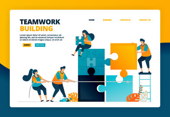 Cartoon illustration of completing puzzle games to train teamwork and collaboration in organization. Problem solving game for team. Vector design for landing page website web banner mobile apps poster - obrazy, fototapety, plakaty