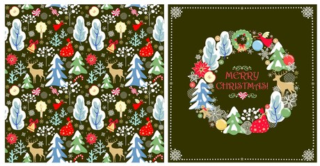 Christmas greeting olive-green craft card and wallpaper with Xmas wreath with baubles, gingerbread, snowy trees and conifer, angel, reindeer, poinsettia, present and paper cutting snowflakes