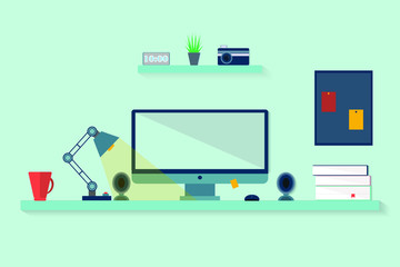 Workstation.Flat design vector illustration of modern home office interior with desktop