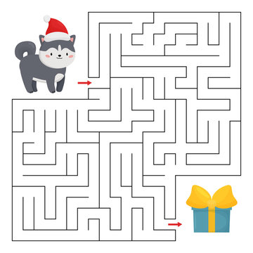 Educational maze game for kids. Help the cute husky dog find right way to the Christmas gift. Kawaii cartoon character.