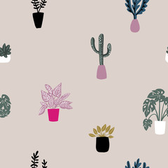 Vector seamless pattern of house plants in pots on beige background, hand drawing in flat style .