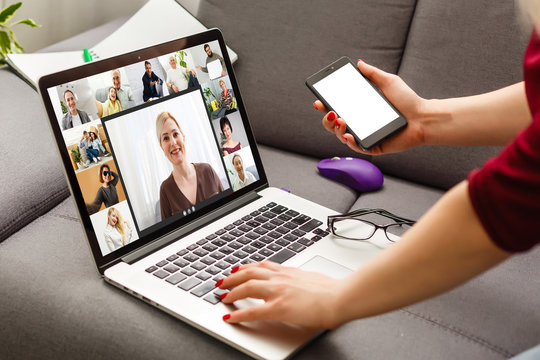 View over girl shoulder, use webcam and laptop enjoy distant communication with family. Diverse relatives people chatting via videoconference application modern technology for make life easier concept