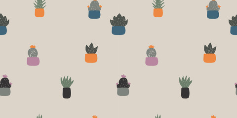 Vector seamless pattern of house plants in pots on beige background, hand drawing in flat style . Colorful botanical background.