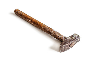 Old battered hammer with a stained wooden handle, on a white background