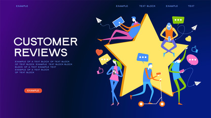 People give star feedback. Characters choose a satisfaction rating. People leave a positive review. User experience concept. 3d isometric vector illustration.