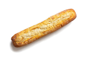 Top view of a rustic baguette with a Golden crust on a white background