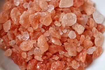 Fototapeta na wymiar Extreme closeup of Himalayan salt. Macro, top view, flat lay, horizontal.