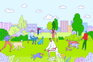 People walking dogs in city park, happy men and women cartoon characters with pets, vector illustration. Cheerful animal owners, healthy summer leisure outdoor. Boys and girls play with puppy on lawn