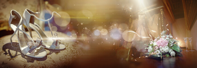 The bedroom of the bride with a wedding dress. Holiday shoes on a chair