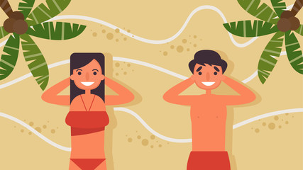 Couple lying on sand on the beach 
Lover's hobbies activities couples spend together summer,holidays, Time with loved ones Happiness No place like home concept,Colorful vector illustration in flat.