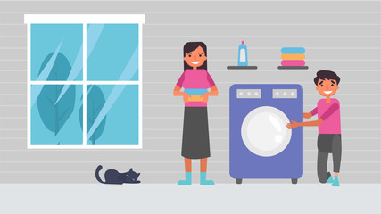 Wash clothes Lover's hobbies activities couples spend together on summer ,holidays, Time with loved ones Happiness No place like home concept,Colorful vector illustration in flat cartoon style.