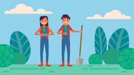 Tree planting Lover's hobbies activities couples spend together on summer ,holidays, Time with loved ones Happiness No place like home concept,Colorful vector illustration in flat cartoon style.