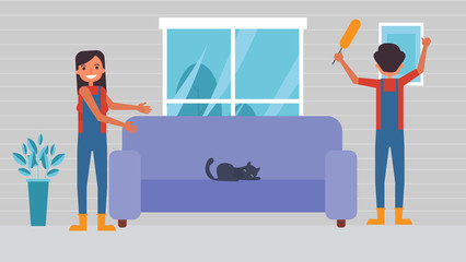Clean house Lover's hobbies activities couples spend together on summer ,holidays, Time with loved ones Happiness No place like home concept,Colorful vector illustration in flat cartoon style.