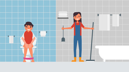 Cleaning the bathroom Lover's hobbies activities couples spend together on summer holidays Time with loved ones Happiness No place like home concept,Colorful vector illustration in flat cartoon style