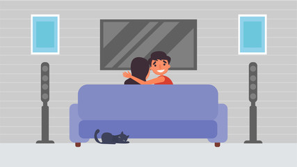 Watch tv listen to music Lover hobbies activities couples spend together on summer,holidays,Time with loved ones Happiness No place like home concept,Colorful vector illustration in flat cartoon style