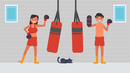 boxing sport Lover's hobbies activities couples spend together on summer ,holidays, Time with loved ones Happiness No place like home concept,Colorful vector illustration in flat cartoon style.