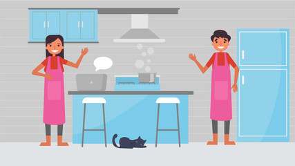cooking lessons on webLover's hobbies activities couples spend together on summer ,holidays, Time with loved ones Happiness No place like home concept,Colorful vector illustration flat cartoon style.