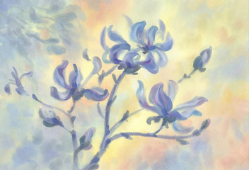 Fototapeta na wymiar Magnolia flowers in bloom yellow watercolor background