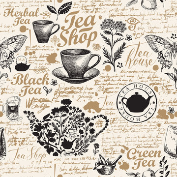 Vector seamless pattern on tea theme with sketches, inscriptions and illegible scribbles imitating handwritten text. Abstract background in retro style. Suitable for Wallpaper, wrapping paper, fabric