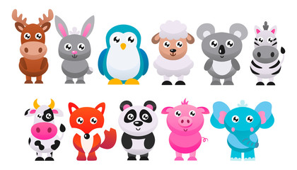 Collection of cute cartoon animals. Vector flat illustration.