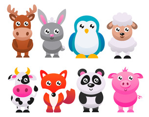 Collection of cute cartoon animals. Vector flat illustration.