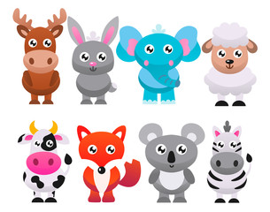 Collection of cute cartoon animals. Vector flat illustration.