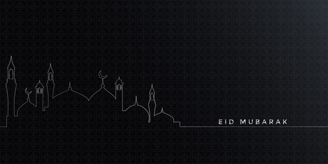 Eid Mubarak card design. Minimalist concept with premium colors. Arabic calligraphy of the word Eid Mubarak with Islamic elements. Vector illustration. 