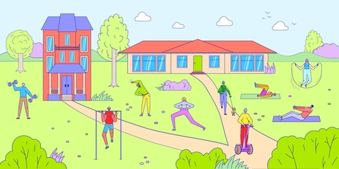 People training outdoor, cartoon characters exercise, active healthy lifestyle, vector illustration. Happy men and women working out in summer park, stretching and walking with dog. Sport and cardio