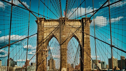 Architecture of Brooklyn bridge over east river in Brooklyn New York city NYC USA.