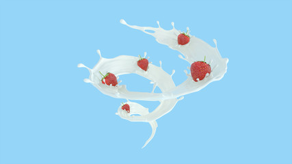 Milk with Strawberry. Strawberry drop on milk surface. Isolated on blue background. with clipping path. 3d rendering.