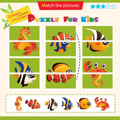 Fototapeta premium Matching game for children. Puzzle for kids. Match the right parts of the images. Set of sea fish.