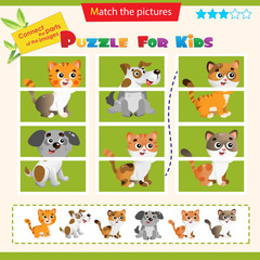 Matching game for children. Puzzle for kids. Match the right parts of the images. Pets. Dogs and cats.
