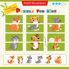 Matching game for children. Puzzle for kids. Match the right parts of the images. Set of animals. Fox, hamster, mouse, squirrel, dog, cat.