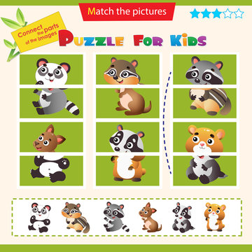 Matching game for children. Puzzle for kids. Match the right parts of the images. Little animals. Panda, raccoon, badger, Chipmunk, hamster, kangaroo.