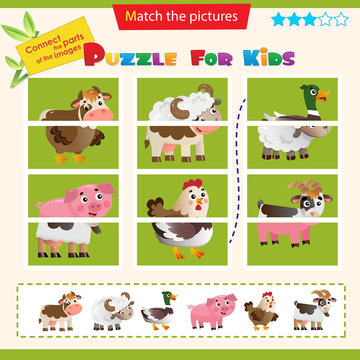 Matching game for children. Puzzle for kids. Match the right parts of the images. Farm animals. Cow, sheep, duck or Drake, pig, chicken, goat.