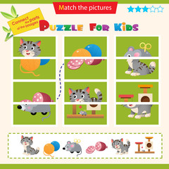 Matching game for children. Puzzle for kids. Match the right parts of the images. Pets. Cat with kitten, clockwork mouse, tangle, sausage.