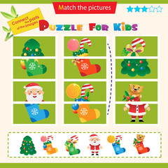 Matching game for children. Puzzle for kids. Match the right parts of the images. New year. Christmas tree with ornaments. Santa Claus. Socks, boots with gifts, toys and sweets.
