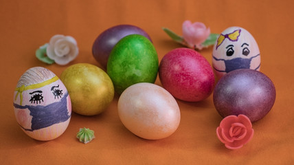 Beautiful Easter eggs laid out on the table