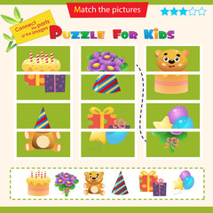 Matching game for children. Puzzle for kids. Match the right parts of the images. Children's birthday. Holiday cake, gifts and balloons, toy, festive cap, bouquet of flowers.