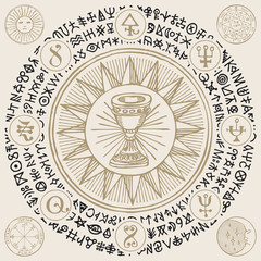 Vector illustration with Grail, alchemical and masonic symbols in retro style. Hand-drawn banner on the theme of mysticism, magic, religion with esoteric signs and magic runes written in a circle