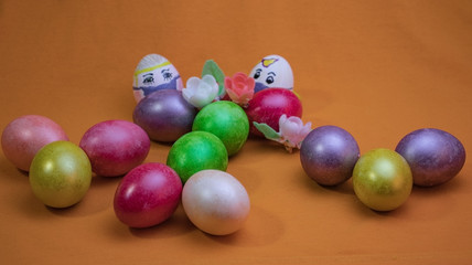 Beautiful Easter eggs laid out on the table