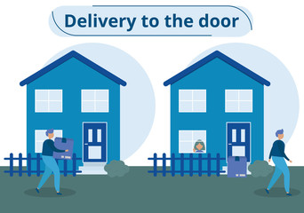 the courier carries the Products in a box and leaves them at the front door. Secure contactless home delivery to prevent the spread of the corona virus. Concept of people in quarantine vector