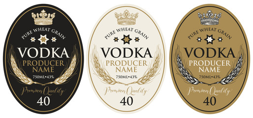 Set of vector labels for vodka in an oval frame with wheat ears, crown and inscriptions in retro style. Premium quality, pure wheat grain, strong alcoholic beverage collection