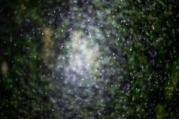 Dark green background with white spots. Blurred effect. Copy space.
