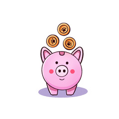 Cute cartoon funny piggy bank with coins in the form of paws. Illustration for the sphere of finance, business, donations in favor of animal shelters, a veterinary clinic or pharmacy, assistance.
