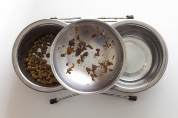 cat food bowl, chrome dishes, leftover food, white background