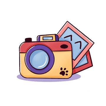 Illustration of a cute cartoon camera with paw print and photo cards in the background. Funny subject of the film industry. Images for print or web.Element for design, graphics.