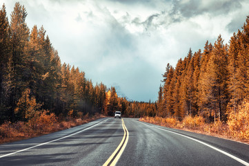 Asphalt highway in colorful autumn forest and overcast sky at Banff national park